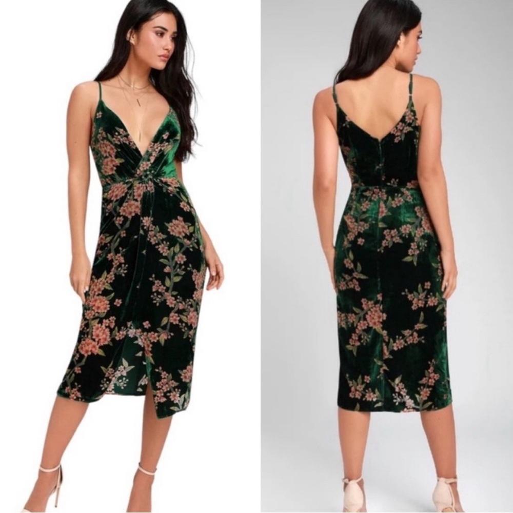 Just One Answer (J.O.A.) Green Velvet Floral MIDI Faux Wrap Dress, Size M